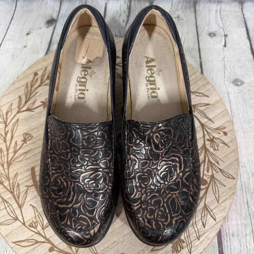 Alegria Emma Bar Womens 37 Bronze Bouquet Floral Comfort Platform Slip On Shoes